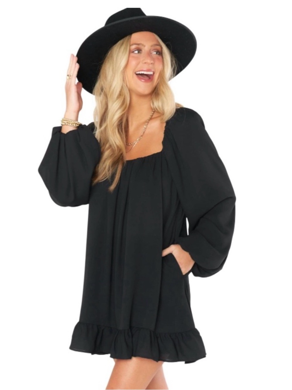 Show me your MuMu- black Square-Neck Ruffle Hem Women’s Dress Top